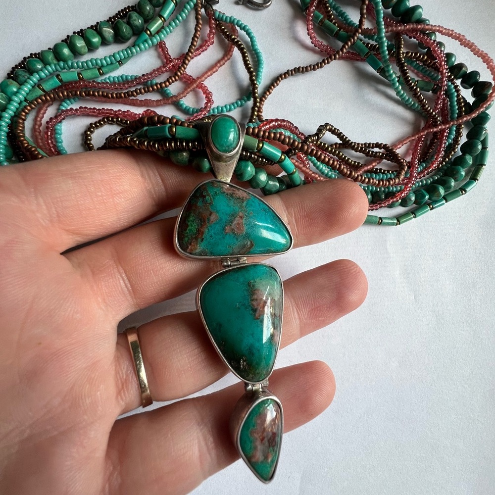 Turquoise and Sterling Silver Multi - Layer Gemstone Pendant Necklace